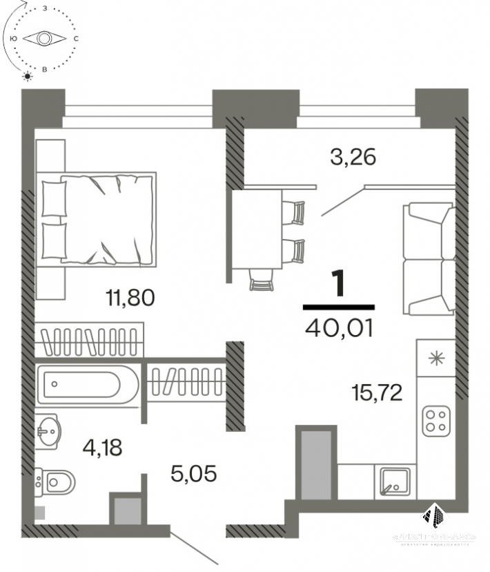 Однокомнатная квартира в новом ЖК общей площадью 38 кв.м.
